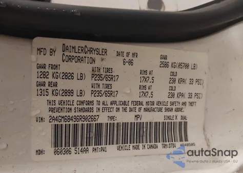 2006 Chrysler Pacifica Touring from USA, damaged, VIN 2A4GM68496R902667